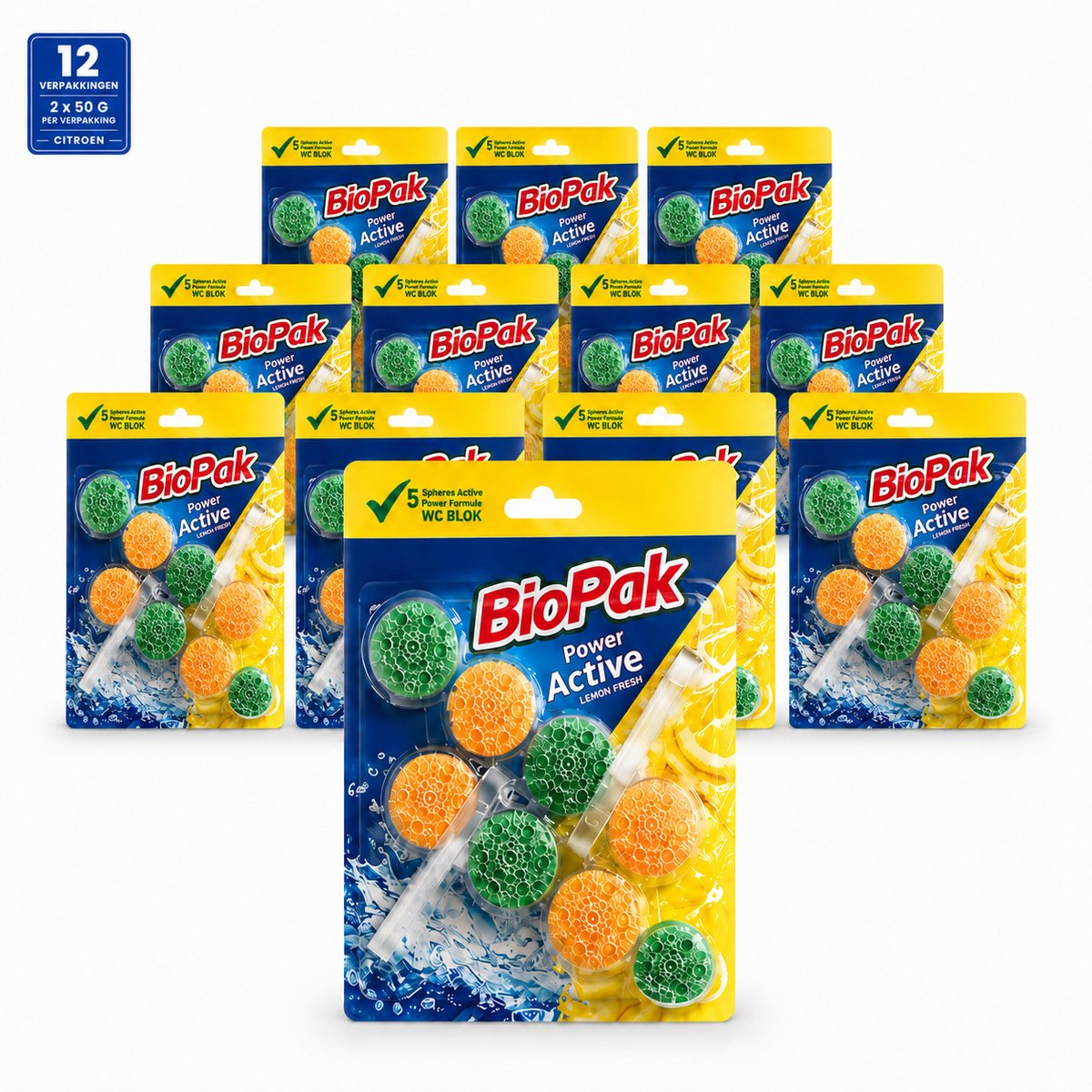 BioPak Power Active WC Blok Citroen – Toiletblok met Frisse Citroengeur – 12 Verpakkingen van 2 x 50 g – 24 WC-Blokken – Toiletverfrisser voor de Toiletrand