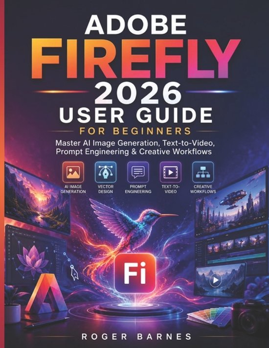 Boek "Adobe Firefly 2026 Gebruikersgids voor beginners" met een vogel, AI-gegenereerde landschappen, vectorontwerp, prompt engineering, tekst-naar-video en creatieve workflows.