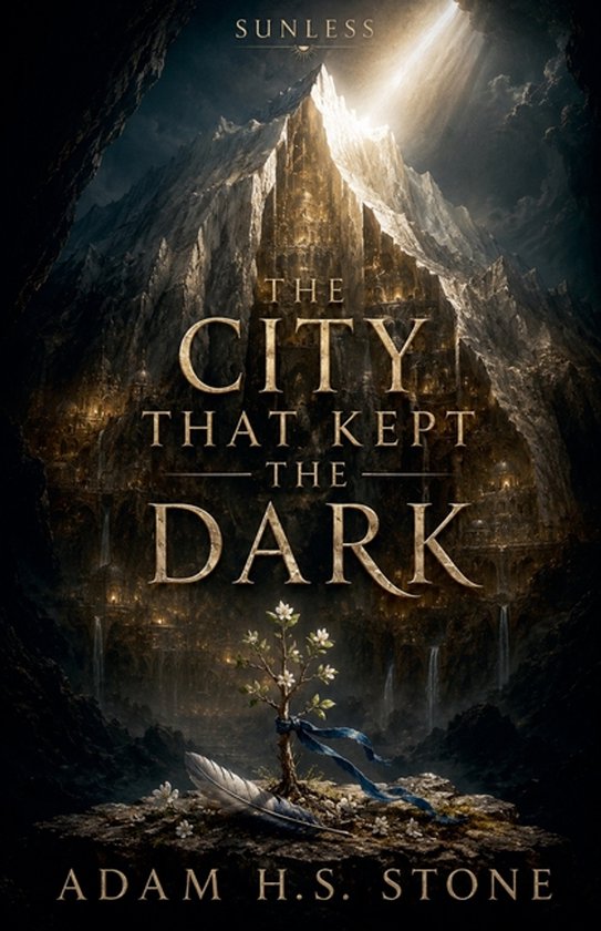 Couverture de livre : une cité dorée dans une montagne sombre, avec une petite plante en fleur et une plume au premier plan.