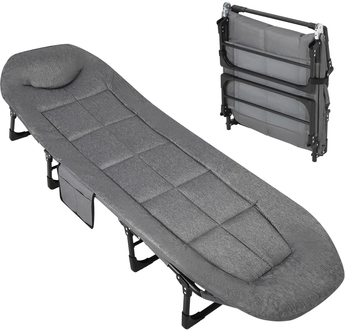 Novendo Goods - Campingbed inklapbaar met kussen en verstelbare rugleuning - Veldbed 200 kg draagvermogen met stalen frame en zijvak - Camping ligbed