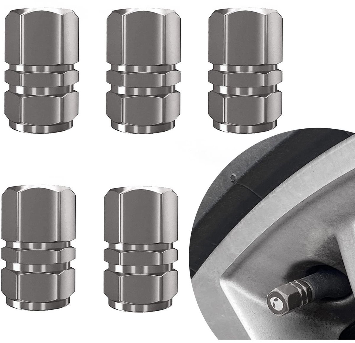 Dailygoods- Ventieldop 5 Stuks - Stofafdekking - Zeskantventiel - Aluminiumlegering - Voor Auto's/Fietsen - Rubber Afdichting - Bandendop