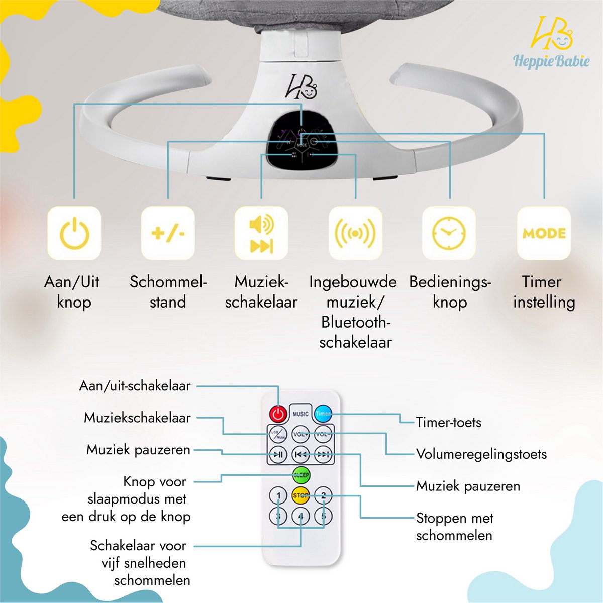 HeppieBabie Elektrische Wipstoel - Muziek en Swing Opties - 5 Punts Gordel - Babyschommel- Schommelstoel - Baby Swing - Met Ebook — afbeelding 4