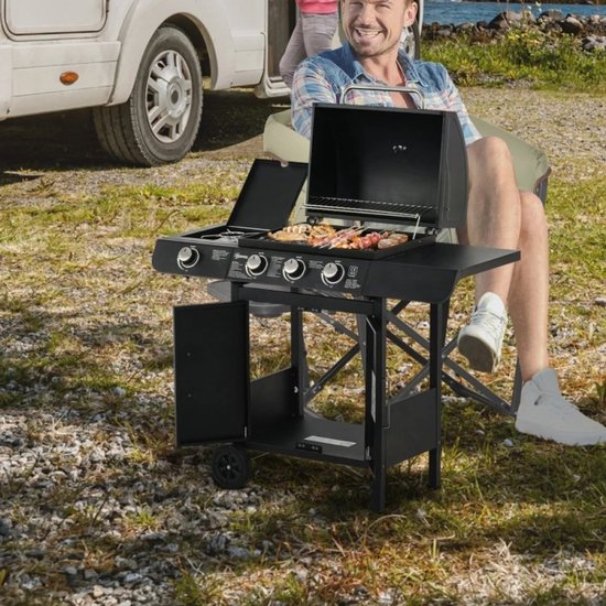 Miryx Gasbarbecue - Grillwagen - Gasgrill - met 4 Branders en 1 Zijbrander, Drukregelaar en Slangen - 110x50x100 cm - Zwart — afbeelding 3