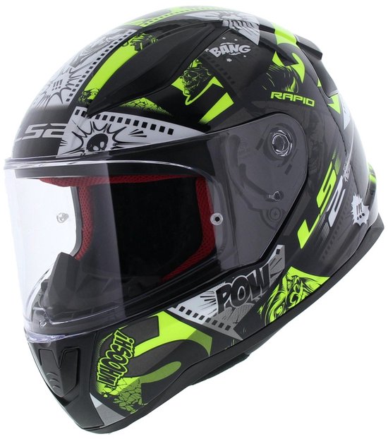 Casque intégral noir avec des graphismes vert néon vifs, illustrations style bande dessinée 'POW'. Visière transparente.