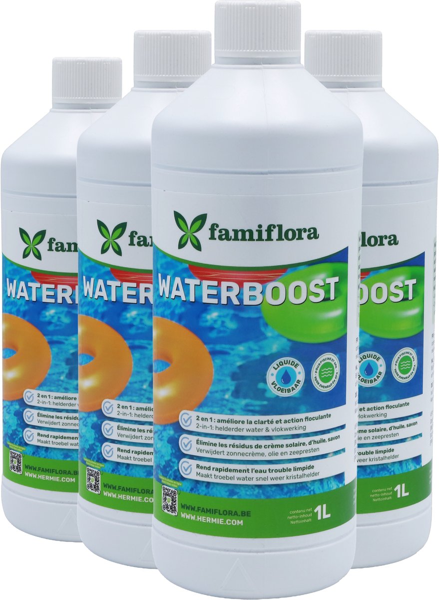 Famiflora Waterboost vloeibaar 4x 1L - tegen troebel water! - Maakt troebel water helder zodat zwemmen weer plezierig wordt