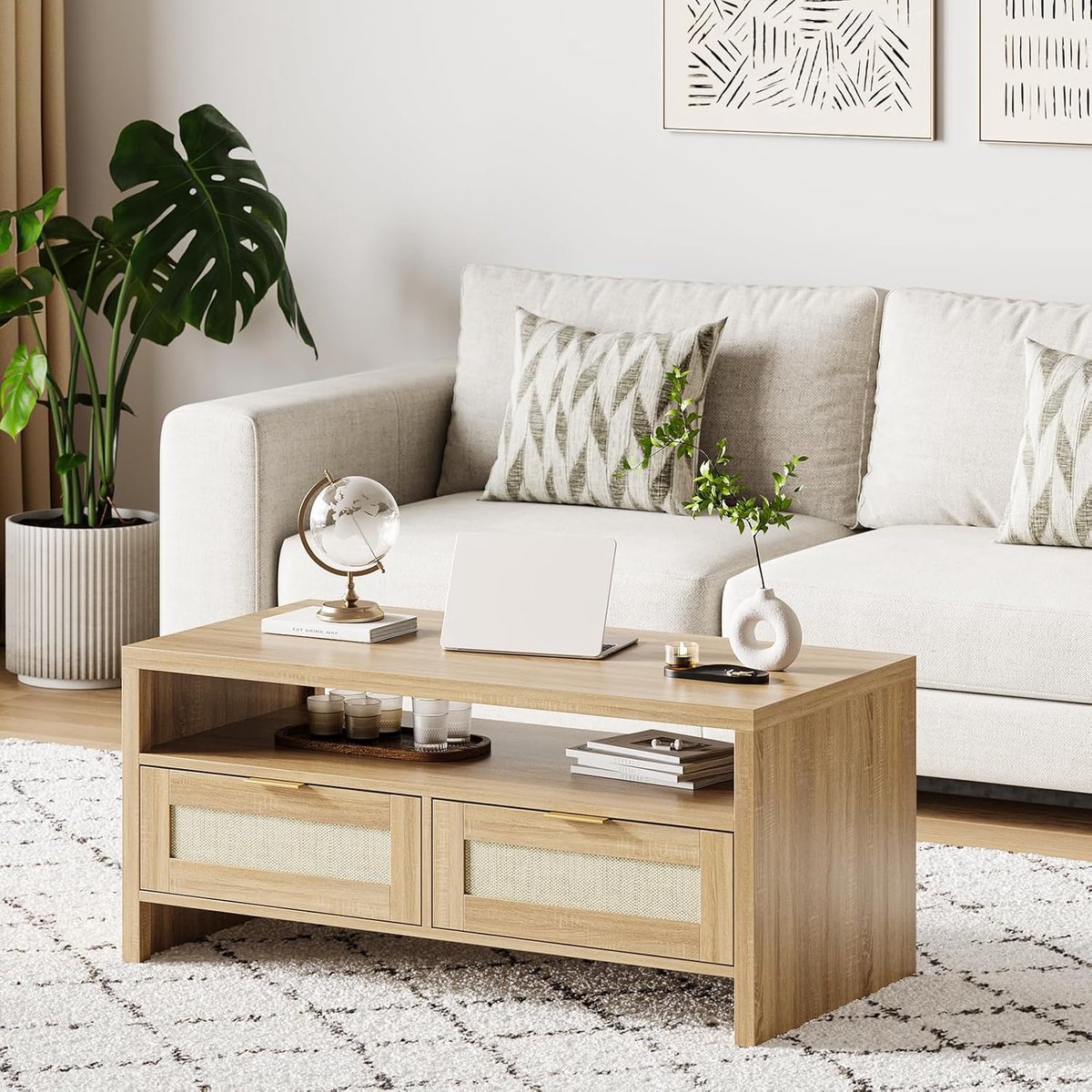 Boho Salontafel met Rotan Lades - Eiken Look Koffietafel met 2 Laden en Open Vak - Mid-Century Modern - 102 x 50 x 45 cm