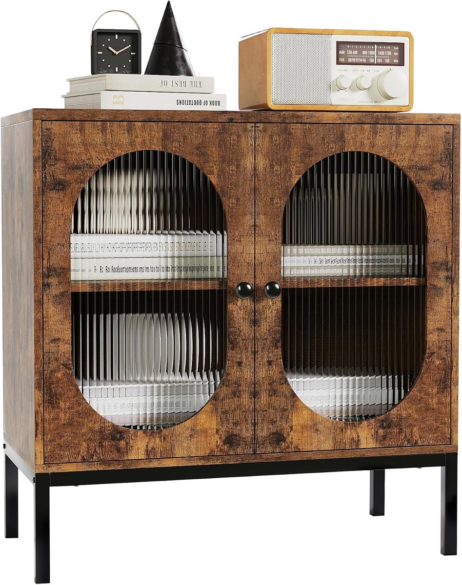 Modern Dressoir met Rotan en Gebogen Glasdeur - Luxe Buffetkast met Extra Dik Bovenblad (30 mm) - Multifunctionele Opbergkast - 80 x 40 x 83 cm