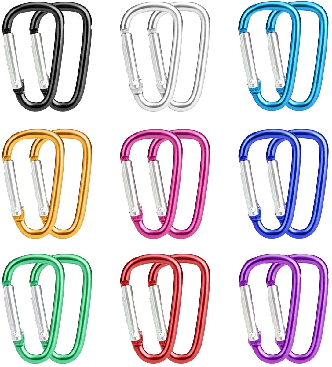 Dailygoods- Karabijnhaken 18 stuks - Mini-haken - Sleutelhanger - Aluminium - Kleurrijk - Afmetingen: 3,8 cm x 2,2 cm