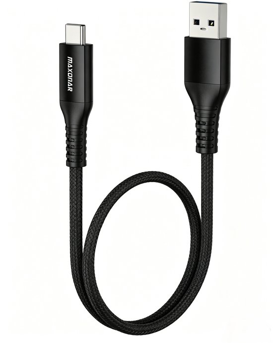 Zwarte USB C naar USB A kabel, gevlochten nylon.