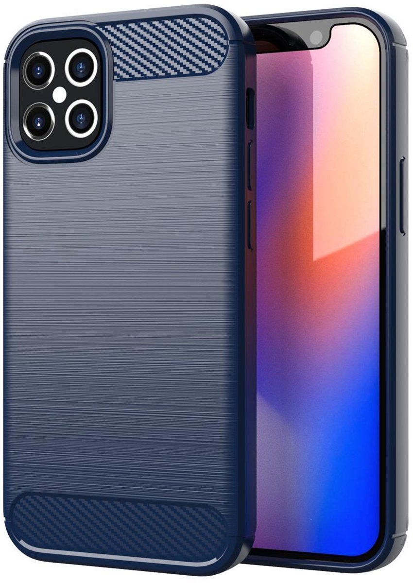 Cadorabo Hoesje geschikt voor Apple iPhone 12 / 12 PRO in BRUSHED BLAUW - Beschermhoes van flexibel TPU siliconen in roestvrij staal-carbonvezel look Case Cover
