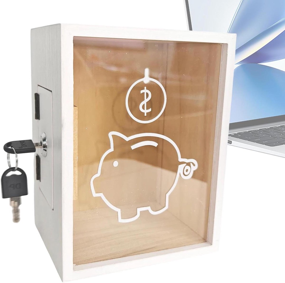 Spaarpot met slot - Geldkistje Geldbus - Geld Besparen - Transparante container - 21 x 16 x 13 cm - Wit