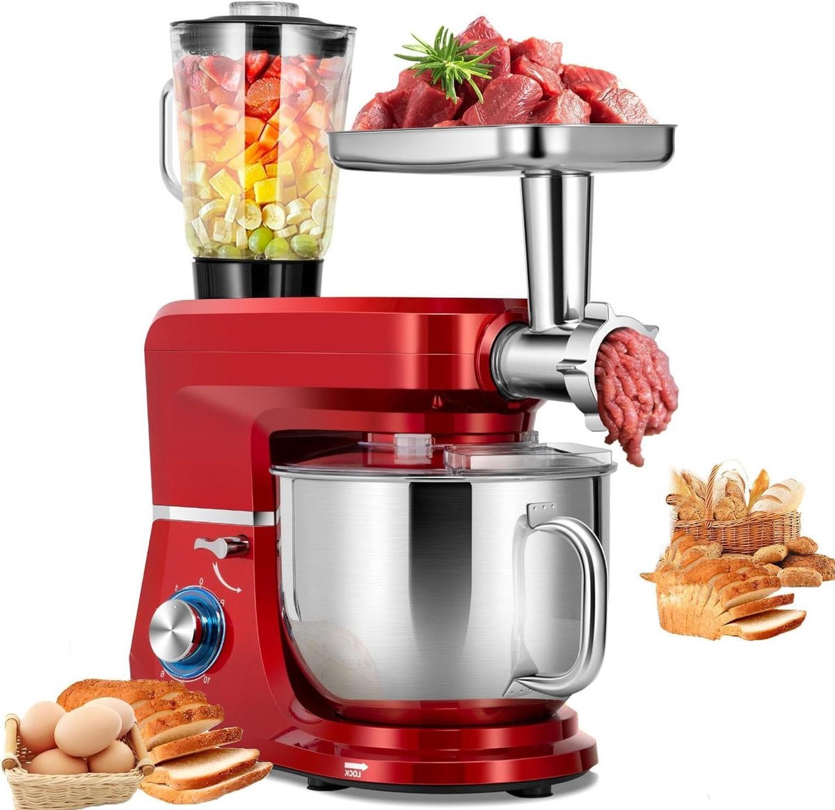Keukenmachine - Mixer Blender - Thuis Koken - Kantelbare Kop - 7 Liter Kom - Rood