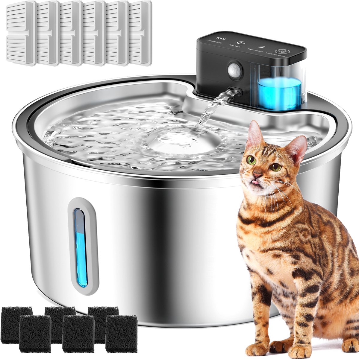 PAWPOLL Max Drinkfontein Kat en Hond - Draadloze - met Sensor - Waterfontein 3.2L - RVS - Kattenfontein - incl. 7 Filter en 7 Sponzen - Fluisterstil - Waterdispenser - Waterautomaat - Zilver