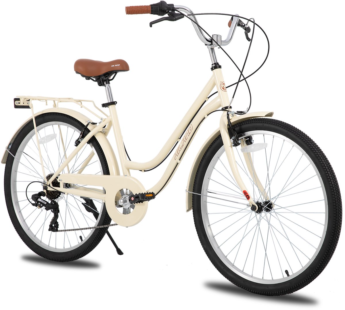 Hiland Breeze Dames Commuter Stadsfiets - 26" - 7 Versnellingen - Handrem - Mand - Standaard - Beige - Geschikt voor buitenactiviteiten in de lente