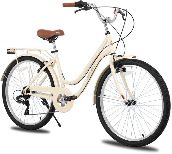 Beige damesfiets met bruin zadel, achterdrager en bruine handvatten.