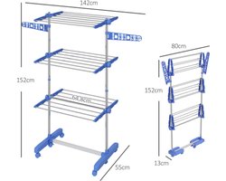 Opvouwbare Wasdroger Toren met Wielen 142x55x152cm Blauw Staal 3 Niveaus Zijvleugels 6 Zwivelwielen met Remmen