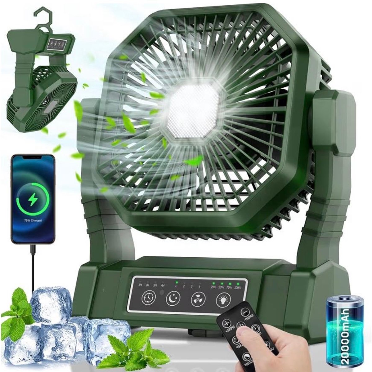 BIXc® - ventilator Camping 20,000 mAh - USB - Battery with Light - 4 Speeds - 4 Timers - Remote Control - Outdoor - Quiet, with Hanging Hooks, for Camping - Picnic
