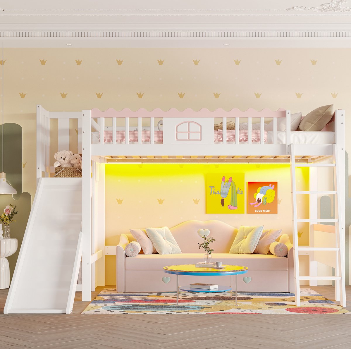 MEUNIQ hoogslaper voor kinderen 90x200 cm met glijbaan, ladder, LED-verlichting en opbergrekken, kinderbed in wit voor de kinderkamer