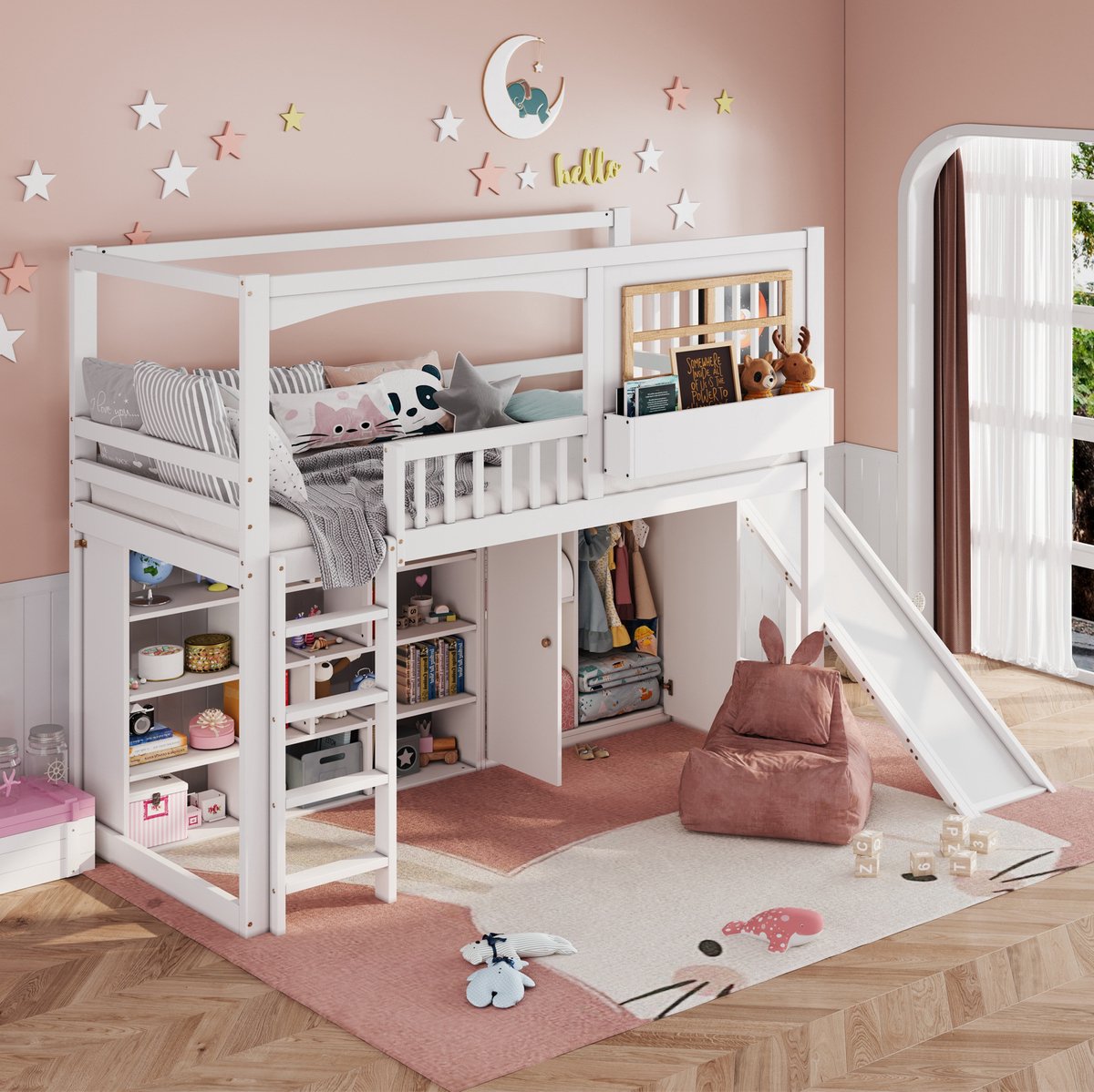MEUNIQ hoogslaper voor kinderen 90x200 cm met glijbaan, vierstaps trap, uitvalbeveiliging en opbergruimte, voor kinderkamer in wit