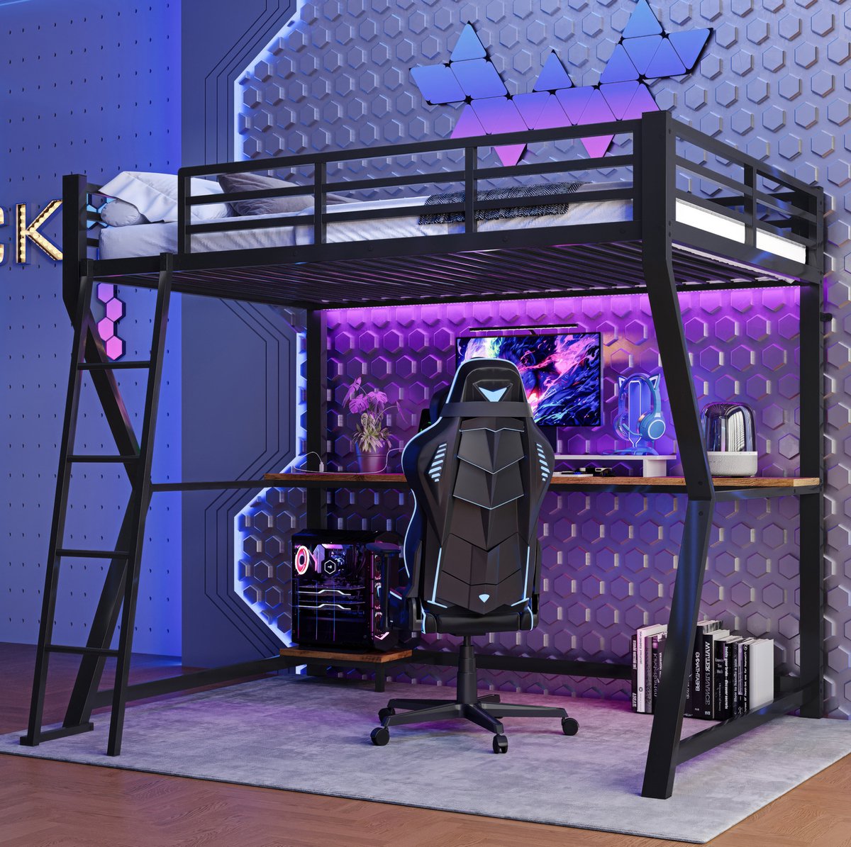 MEUNIQ hoogslaper 90 x 200 cm met bureau, LED-verlichting, ladder, uitvalbeveiliging en usb-aansluiting voor slaapkamer, zwart Black