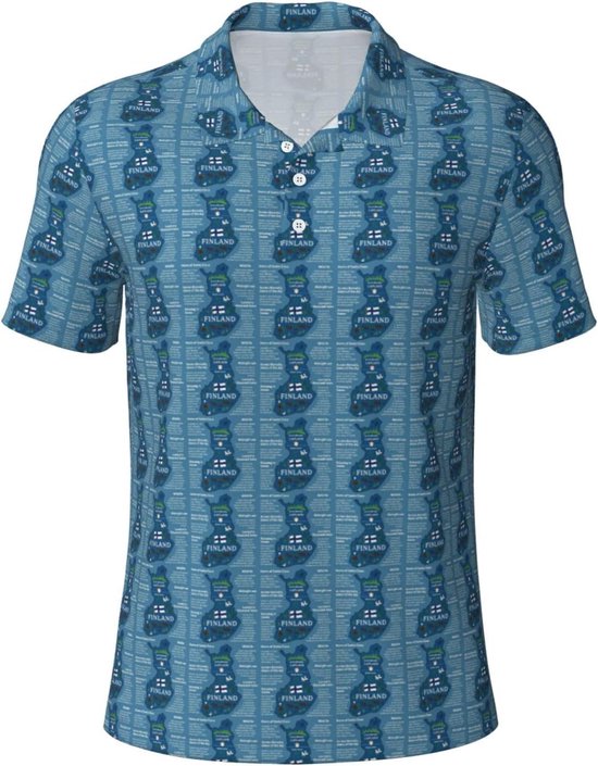 Blauw poloshirt met korte mouwen, bedrukt met een patroon van Finland en de Finse vlag.