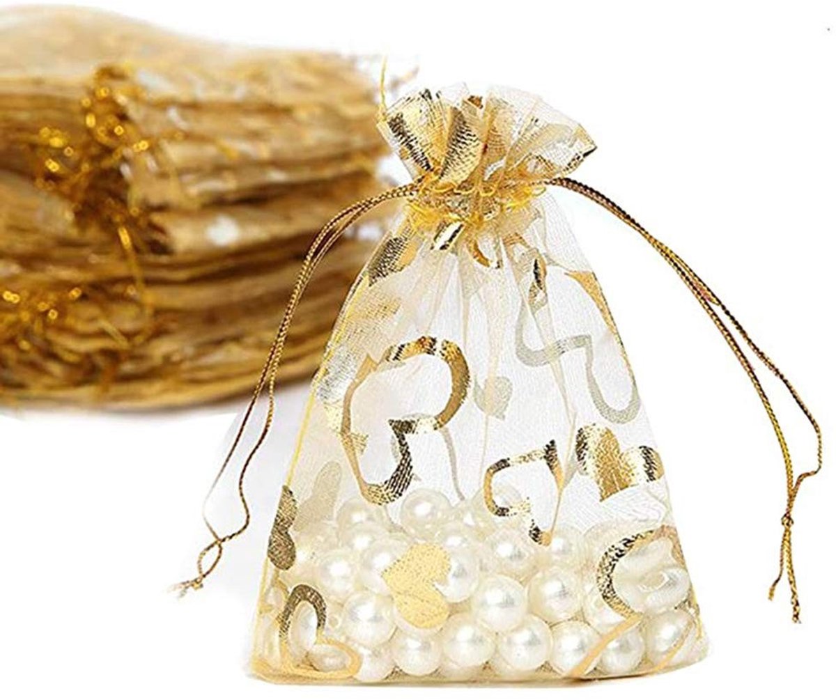 Dailygoods - 50 Stuks Organza Sieraden Zakjes - Gouden hart print 9x12cm