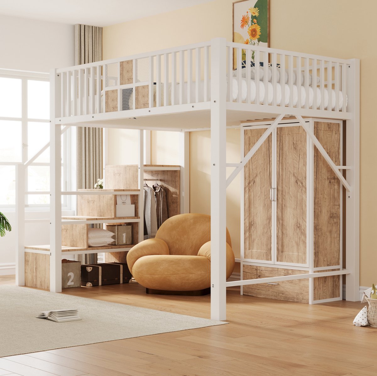 MEUNIQ Hoogslaper 140 x 200 cm met kast, lade en opbergleider, metalen bedframe met houten details, voor slaapkamer, wit White