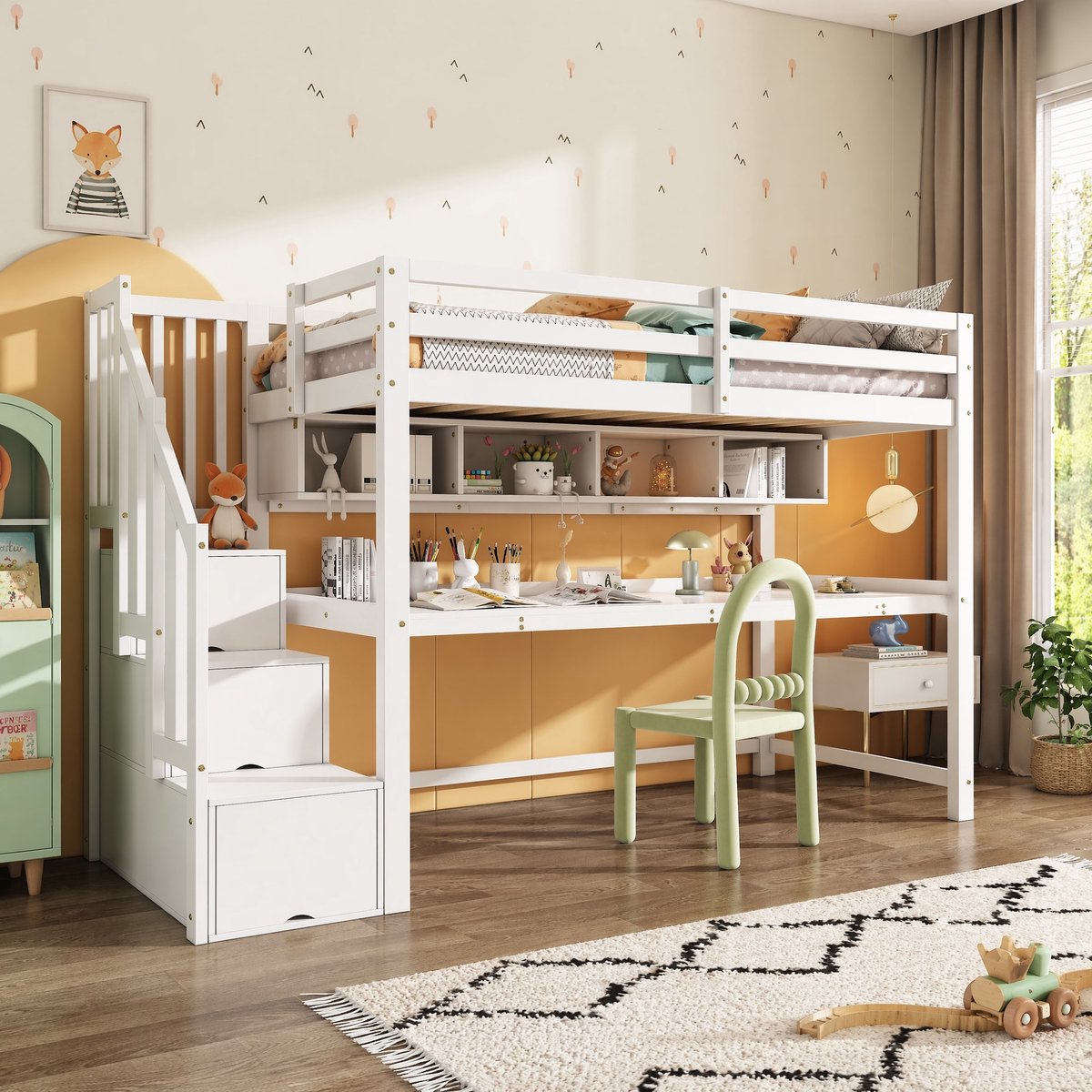 MEUNIQ Hoogslaper 90x200 cm met bureau, opbergruimtestrap en legplanken, kinderbed voor kinderkamer, wit White