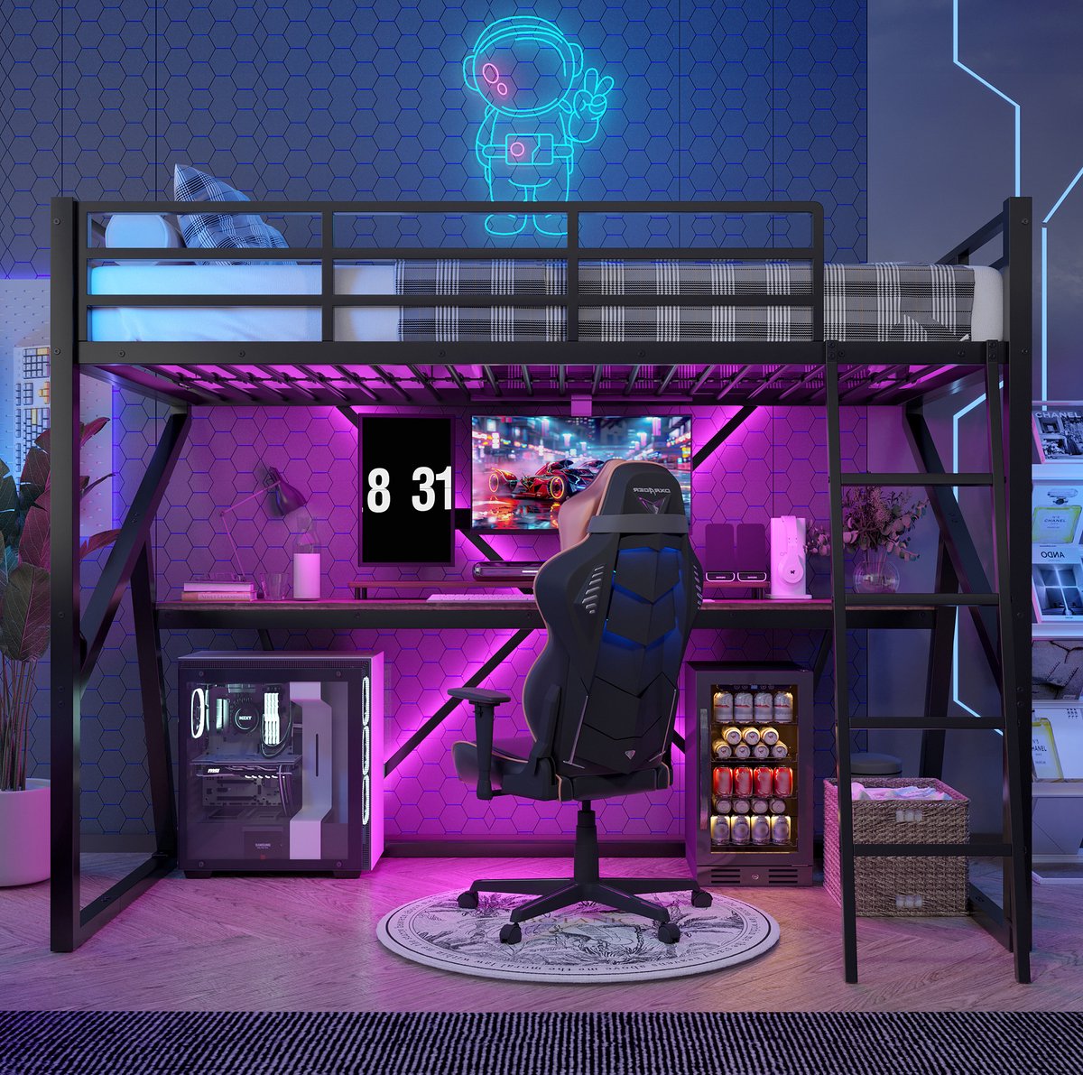 MEUNIQ hoogslaper 90 x 200 cm met bureau, ladder, uitvalbeveiliging en LED-verlichting, metalen en MDF constructie, voor kinderkamer, zwart
