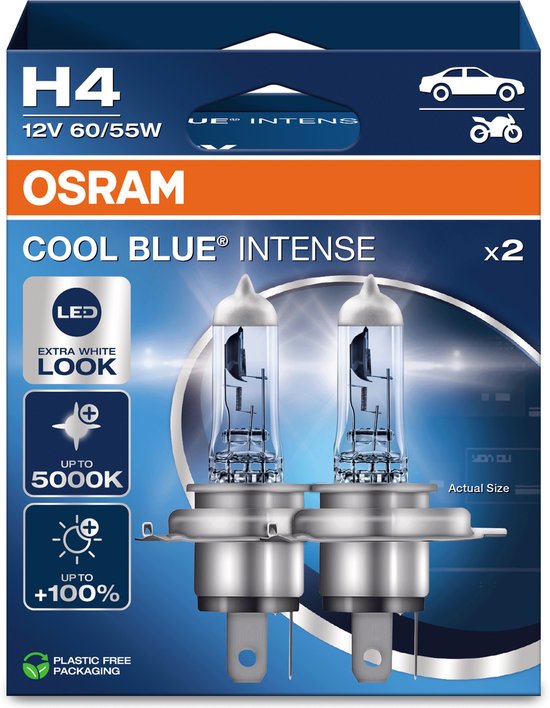Osram Cool Blue Intense H4 autolampen, 12V 60/55W, met blauwe gloed, 2 stuks.