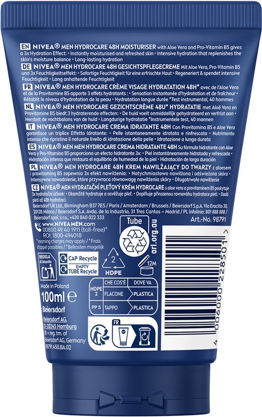Achterkant van de NIVEA MEN HydroCare tube met productinformatie in meerdere talen en recycling-instructies.