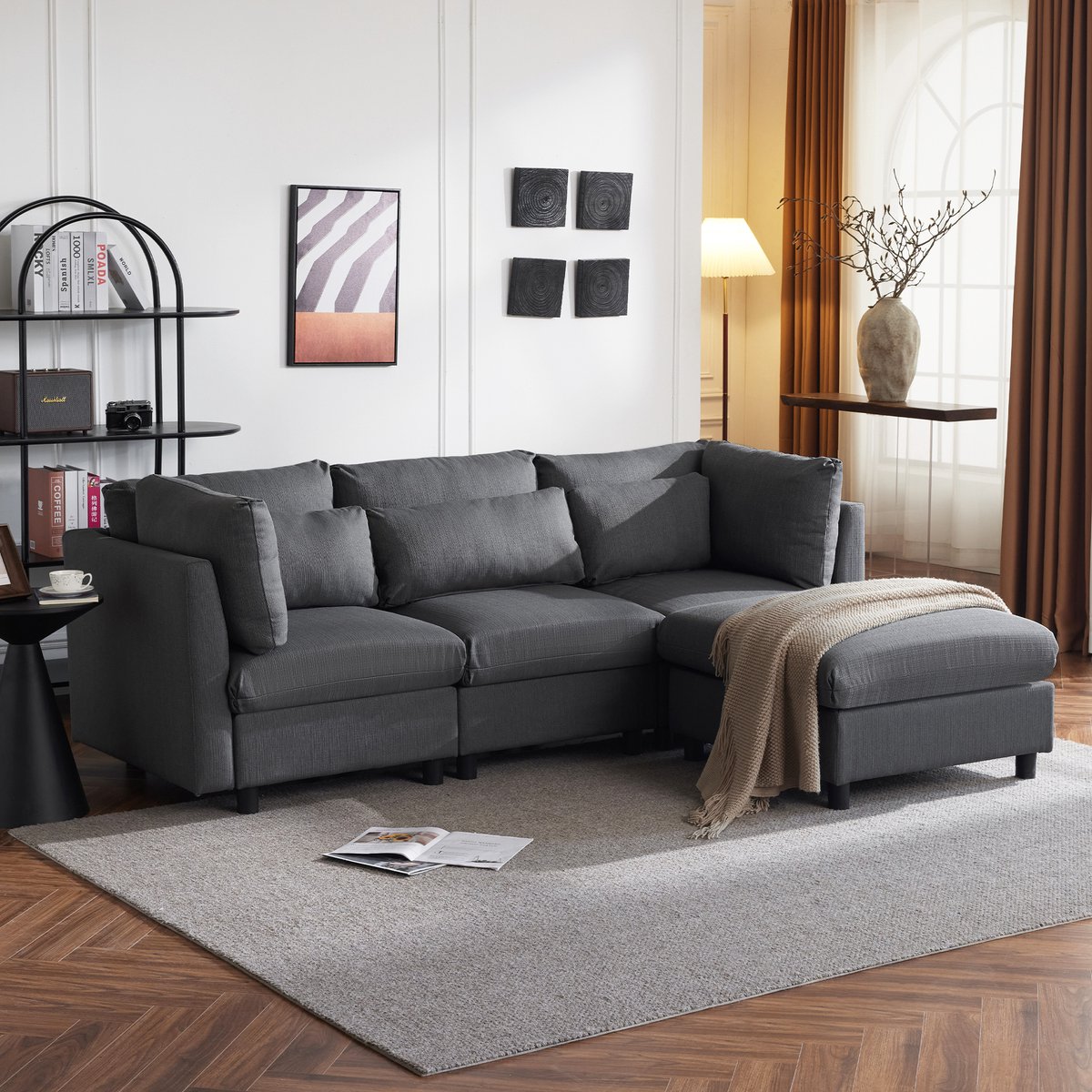 DESMIU Hoekbank 220 x 83 x 81 cm - L-Vormig Met Verplaatsbare Voetenbank En Hoge Rugleuning - Voor Woonkamer - Linnen Grijs