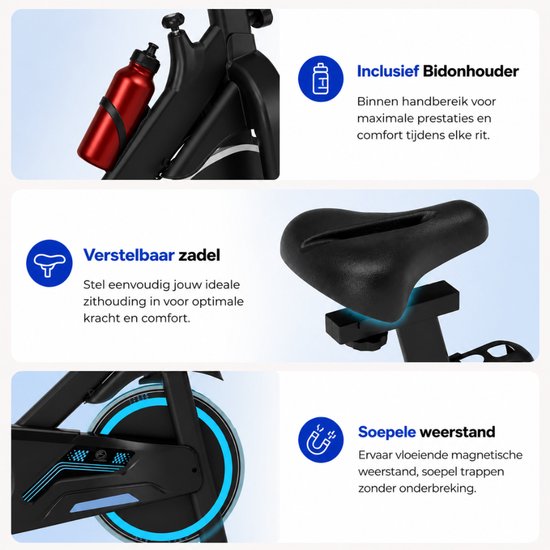 Gedetailleerde opnamen van de hometrainer: bidonhouder, verstelbare zadel en soepele magneetweerstand met blauwe accenten.