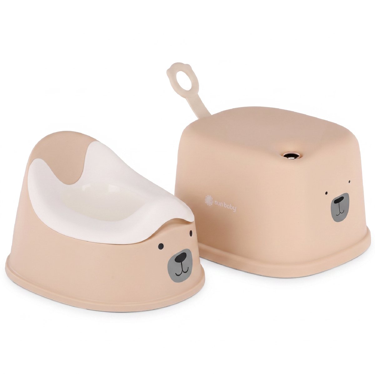 SUN BABY 2-in-1 Zindelijkheidstraining Set - Kinderpotje met Uitneembare Binnenpot en Opstapje - Antislip - Beer Design - Beige/Wit