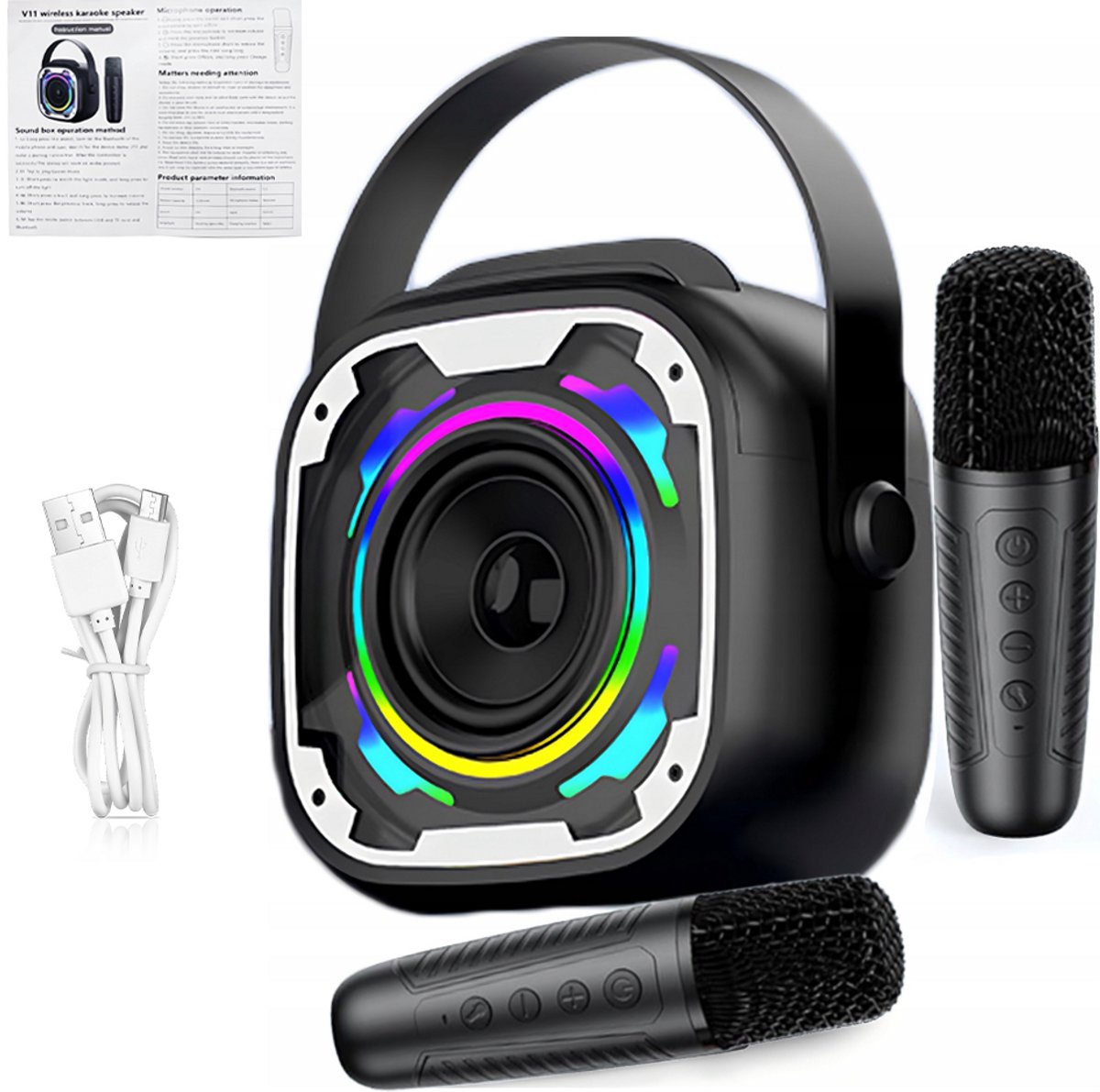 Bluetooth karaokeset voor kinderen – Draagbare mini-speaker - 2 draadloze microfoons, ledverlichting en geluidseffecten – Perfect voor feestjes - Geschikt voor kinderen en volwassenen - Cadeau voor jongens en meisjes - Verjaardagscadeau - Zwart