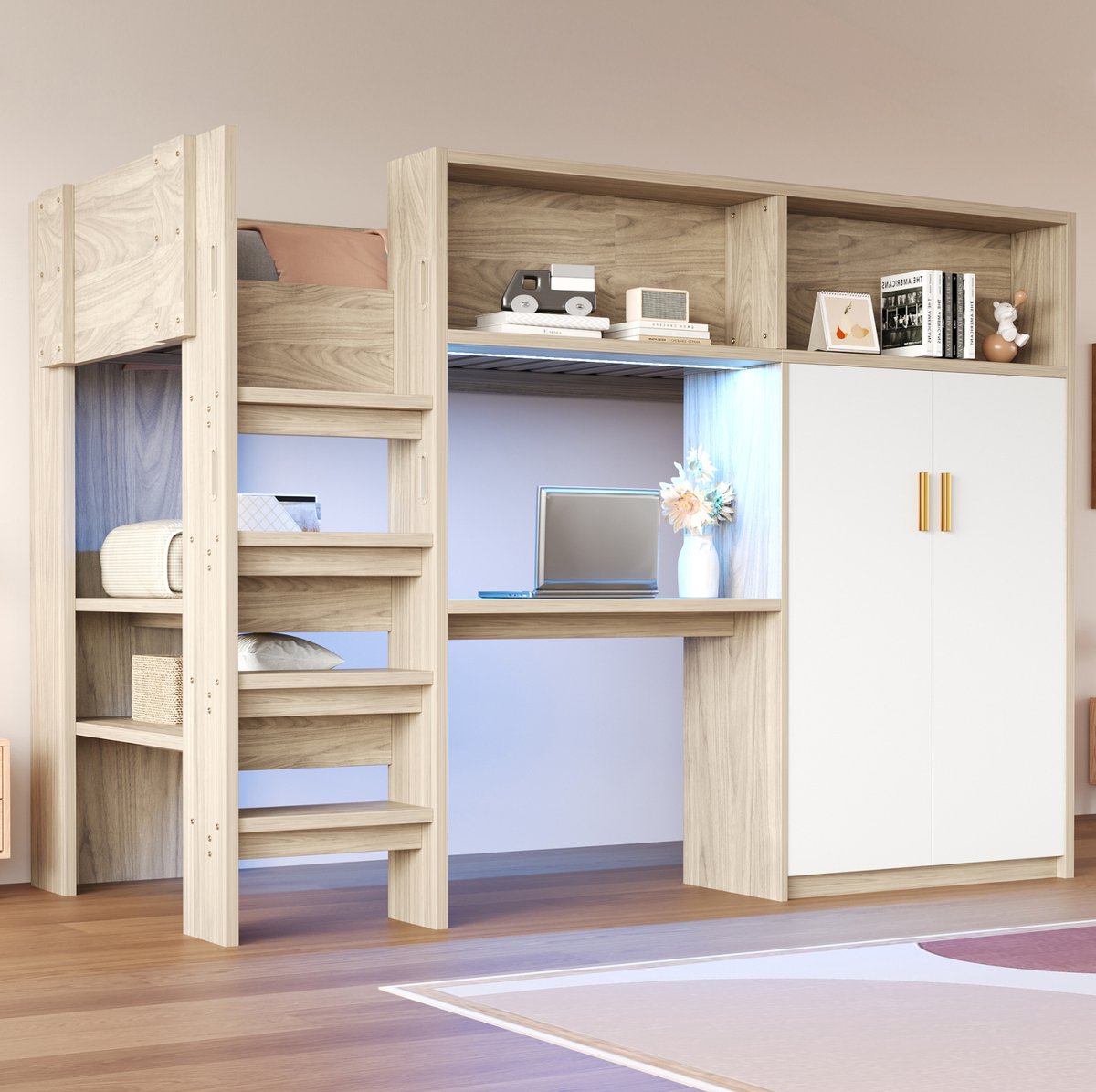 MEUNIQ Hoogslaper 90 x 200 cm met bureau, kledingkast, open vakken, LED-verlichting en lattenbodem voor slaapkamer in naturel en wit Natural Wood