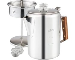 Percolator Koffiezetapparaat - Camping Koffiezetter - Outdoor Koffie Maken - Transparante Glazen Knop - 9 Kopjes - Zilver