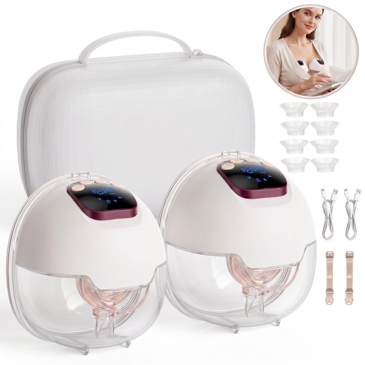 Fokelyi - Elektrische Draadloze Borstkolf - Handsfree Borstkolf - Dubbele Draadloze Borstkolf - BPA-Vrij - Incl. Reiskoffer, Borstschildverkleiners & Meer