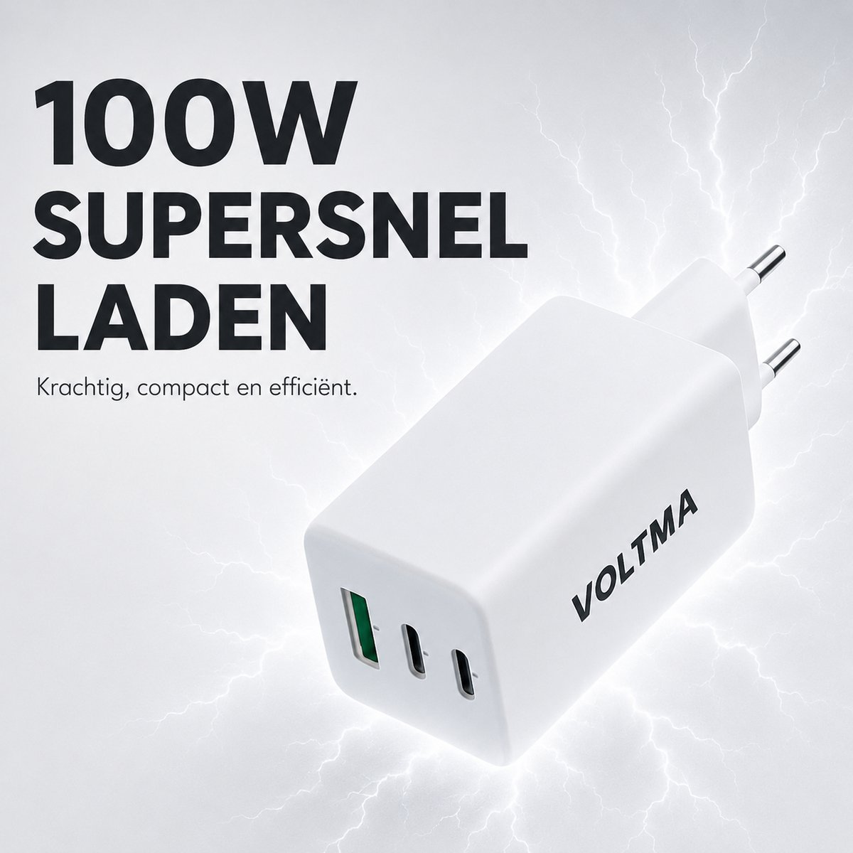 Voltma PH100ACC 100W snellader - Snelle Multi-Poort GaN Oplader van 100 Watt met 2x USB-C en 1x USB-A poorten - 100 Watt Fast Charging - USB C Laptop adapter - oplaadadapter geschikt voor iPhone, Samsung, Tablets, Laptops, Macbooks en Dell - Wit