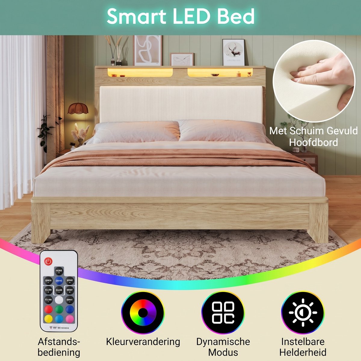 VVBV Bed met opbergruimte 160x200 / Tweepersoonsbed 160x200 – met Hydraulische Opbergruimte, LED-Verlichting – Hoofdbord – Rugleuning – Corduroy – Beige