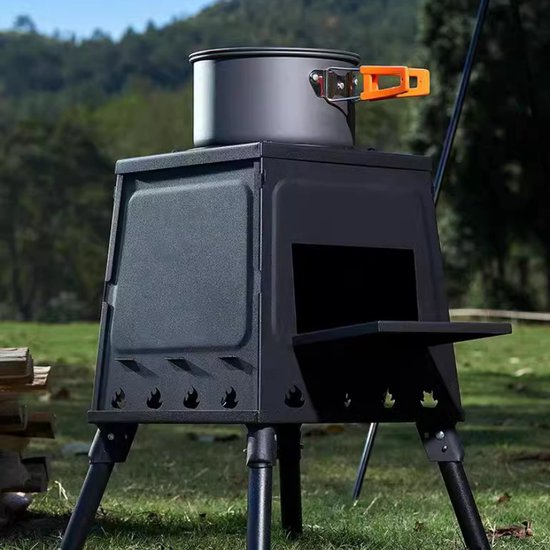Wood Burning Camp Stove, Portable Cast Iron Camping Wood Stove, Black Woodstove with Carrying Case for Backpacking Outdoor Cooking — afbeelding 4