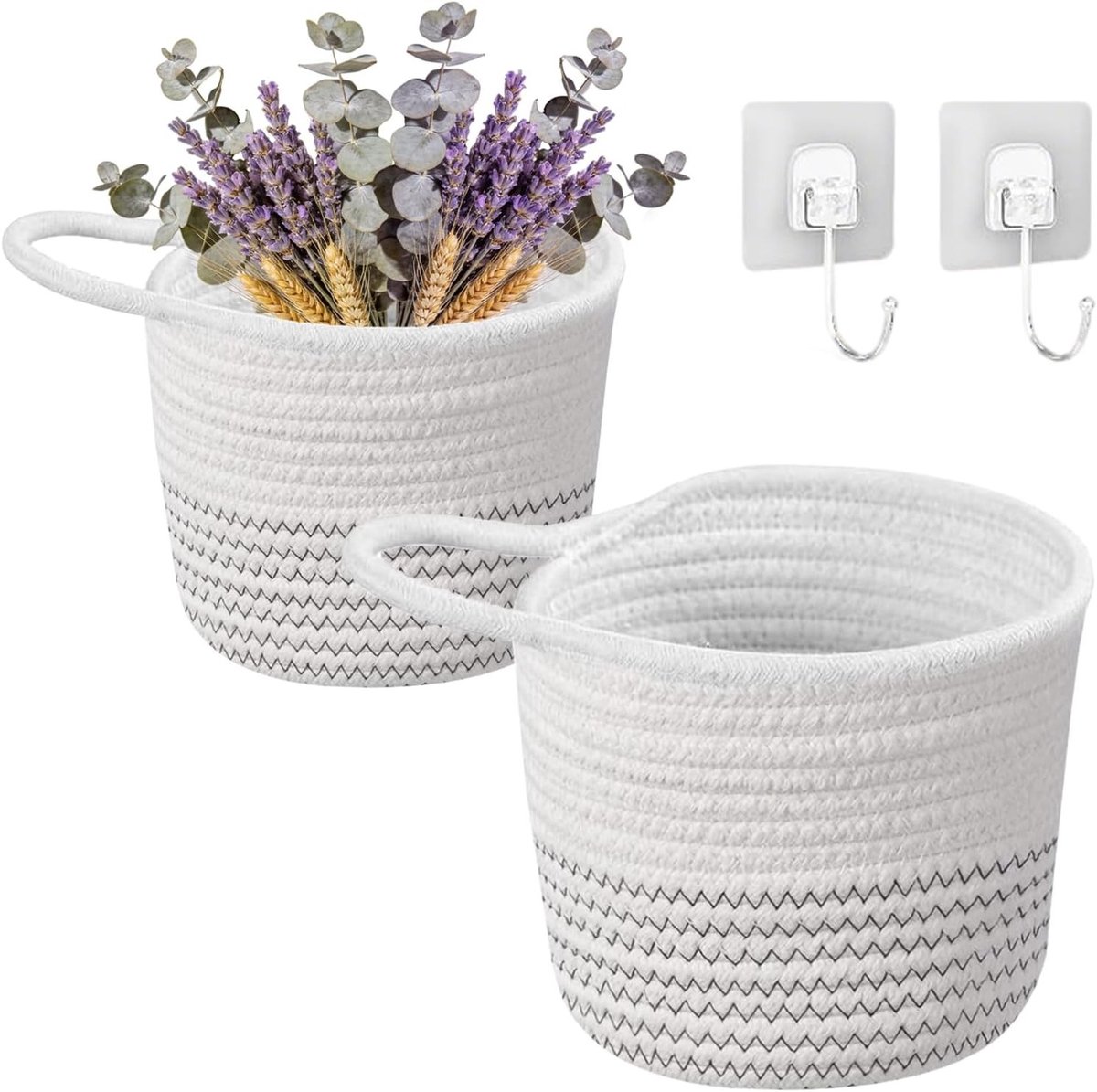 Set van 2 Wandmanden van Katoen, 15 x 15 cm, Ideaal voor Opslag in Keuken, Badkamer en Slaapkamer, Decoratieve Hangmanden in Wit en Zwart