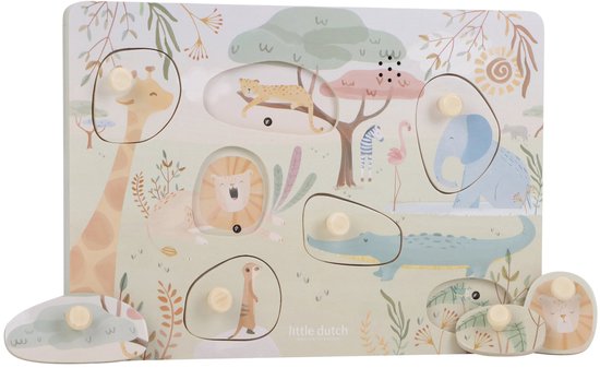 Puzzle en bois sur le thème de la savane: girafe, lion, suricate, crocodile, léopard, zèbre, flamant rose et éléphant.