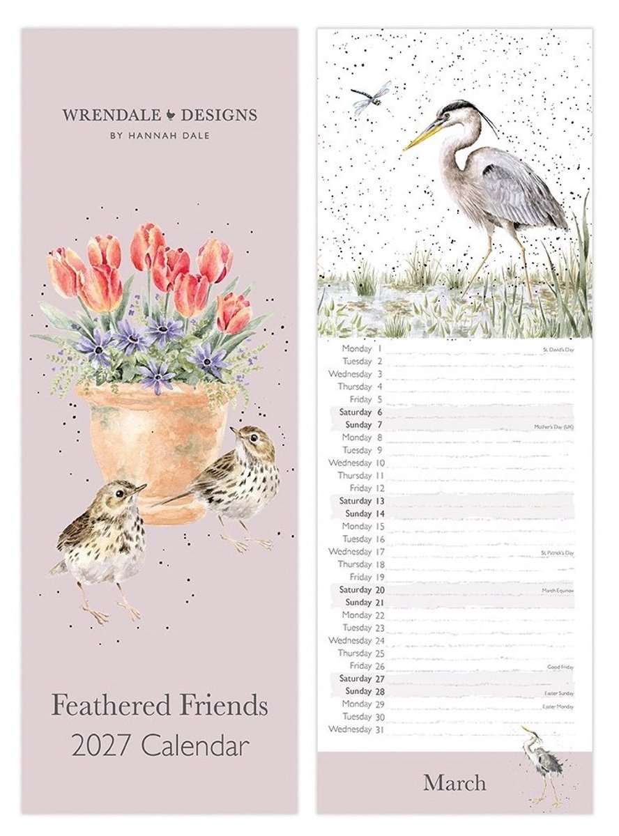 Wrendale Slim Kalender 2027 - 'Feathered Friends' Slim Calendar 2027 - Vogel Kalender