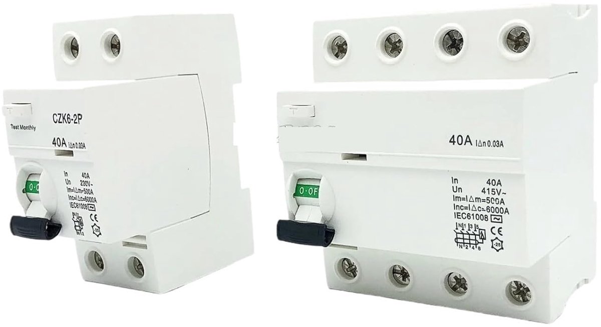 Aardlekschakelaar - Stroombeveiliging - Elektrische veiligheid - Overbelastingsbeveiliging - 2P 10A tot 63A - Wit
