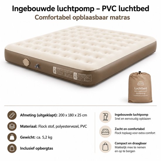 HomeGoodies - Luchtbed - luchtbed met ingebouwde pomp - Luchtmatras - Camping matras - Extra grote luchtbed - 80x200x25cm - Beige van Homegoodies — afbeelding 3