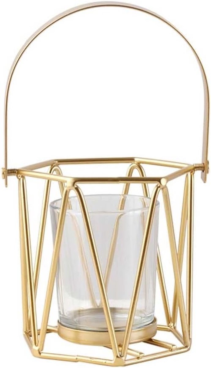 Geometrische Kandelaar - Metalen Kaarsenstandaard - Sfeer Creëren - Met Glazen Cup - 8 x 17 cm - Goudkleurig