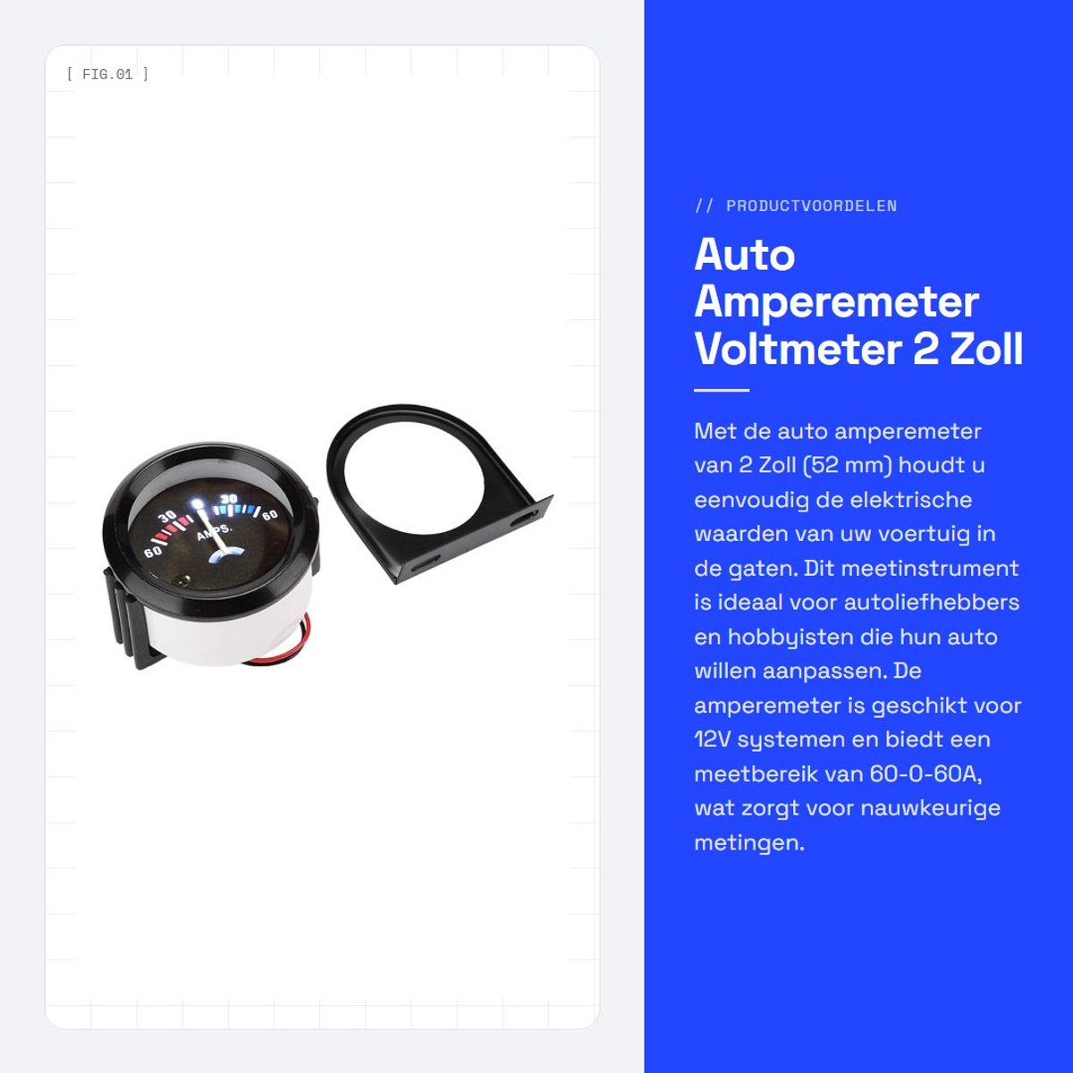 Dailygoods - Auto Amperemeter - Voltmeter - 2 Zoll 52 mm - 60-0-60A Gauge - 12V Systeem - Geschikt voor auto en wijzigingsvoertuigen - Kleur zoals...