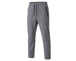 Grijze fitness broek heren sport broek met rits zakken elastische tailleband trekkoord high stretch trainings broek lichtgewicht hardloop broek maat XL