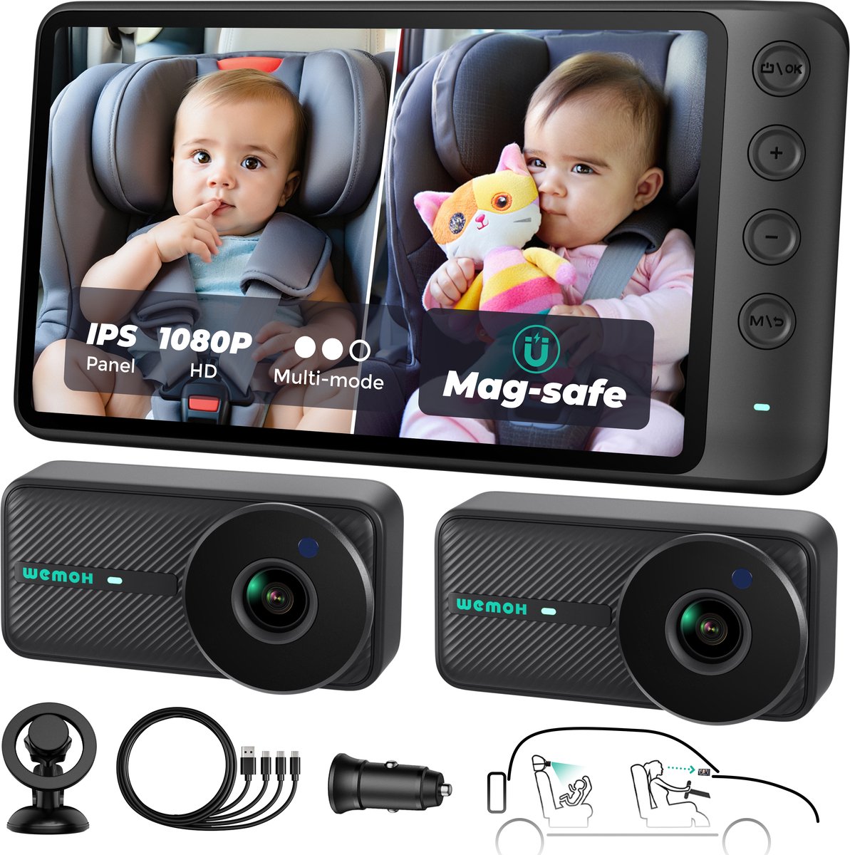 WEMOH Magnetische Dual Baby Autocamera voor Twee Kinderen - 5 inch 1080P HD IPS Monitor Scherm | 3 Modi (Zoom/Mirror/Split), Automatisch Nachtzicht, Continue Stroom, voor Achterwaarts Autostoeltje - Zwart